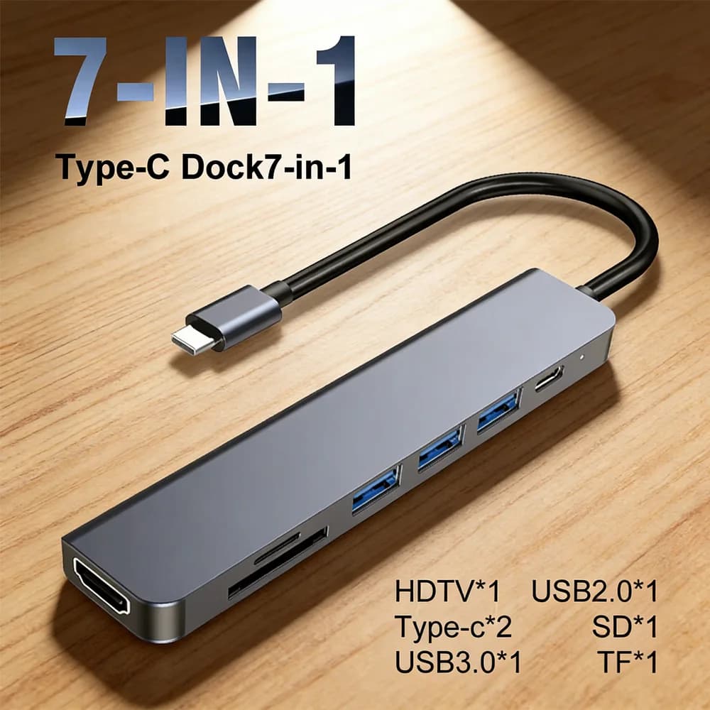 Docking Station 7-in-1 (USB-C): HDMI 4K, USB 3.0, Ricarica PD 87W, Lettore di Schede SD/TF – Compatibile con Laptop, Tablet, Telefono