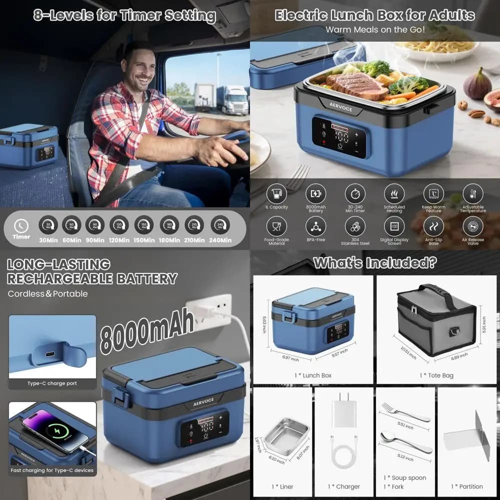 Lunch Box Riscaldato Ricaricabile da 1 L 8000 mAh - Scaldavivande Portatile per Adulti, Ideale per Auto, Ufficio, Lavori all'Aperto (Blu)