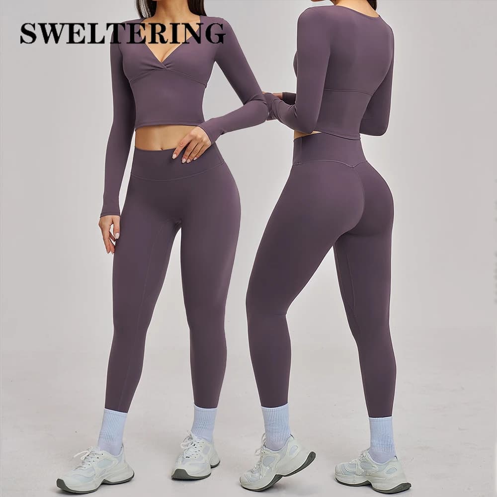 2PCS Women Tracksuit Deep-V Long Sleeve Yoga Set High Waisted Leggings Breathable Gym Clothes Female Sportswear Workout Clothes