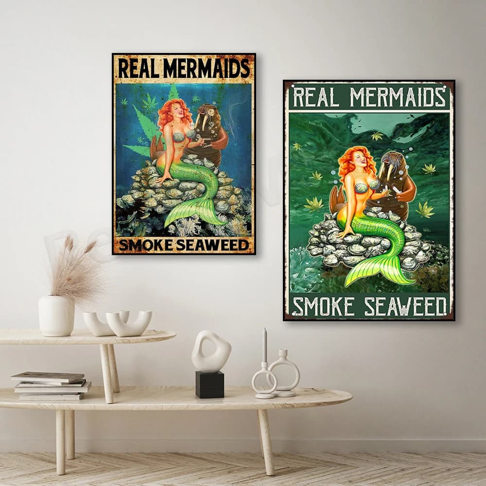 Real Mermaid Smoke Seaweed Poster, Mermaid and Stamp Print, Stoner Weed Canvas Wall Art Gift, Smoke Art Decor, Home Decor