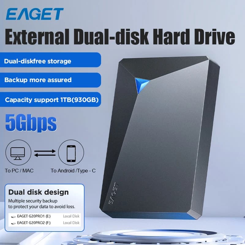 EAGET Disco rigido meccanico esterno portatile Dual Bay G20 Pro 1TB USB 3.0 di archiviazione compatibile con PC/laptop/TV/PS4/Xbox