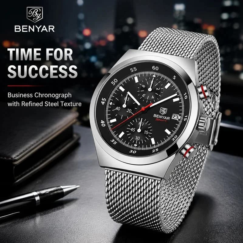 BENYAR 2026 New Top Luxury Brand Men's Business Leisure Watch Mesh Band Quartz Timing Men's Watch 30 Meter Waterproof