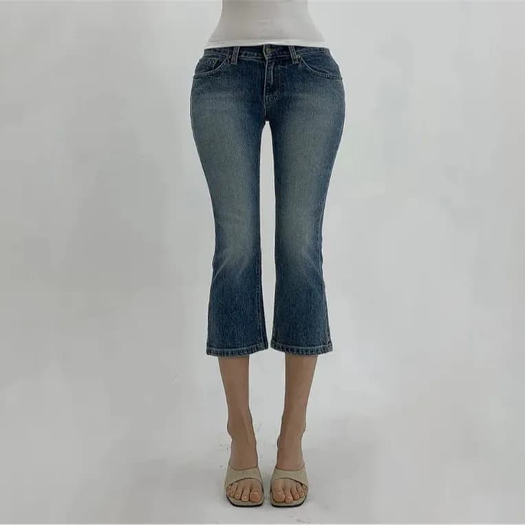 Washed Vintage Slim Fit Elastic Denim Jeans High Waist Casual Cotton Blue Jeans Seven-Foot Length Resistant to Deformation