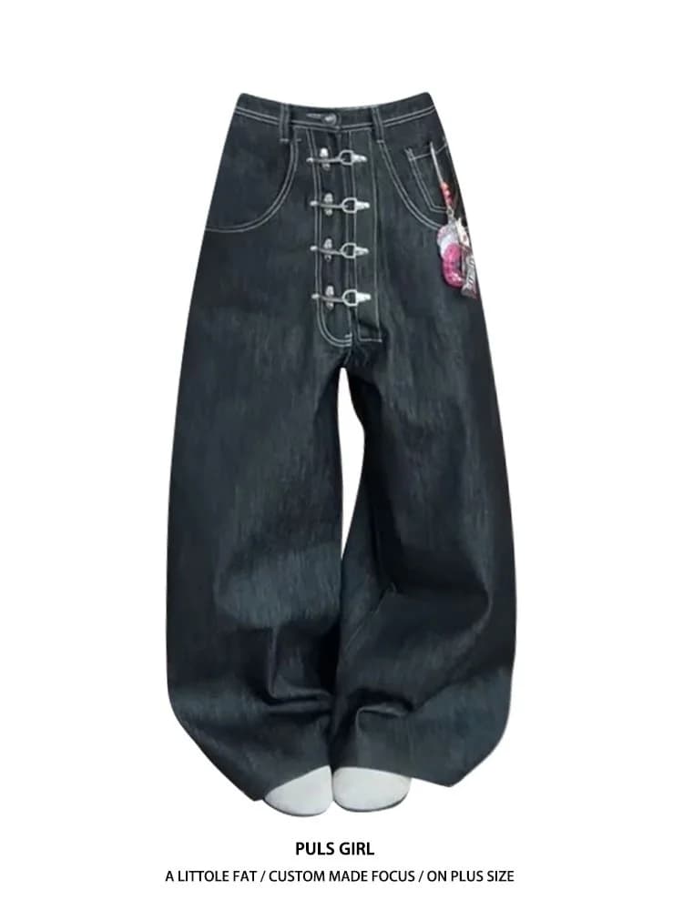 Washed Heavy Metal Button Wide Leg Jeans Women's High Waist American Style Casual Straight Cut Knife Long Pants
