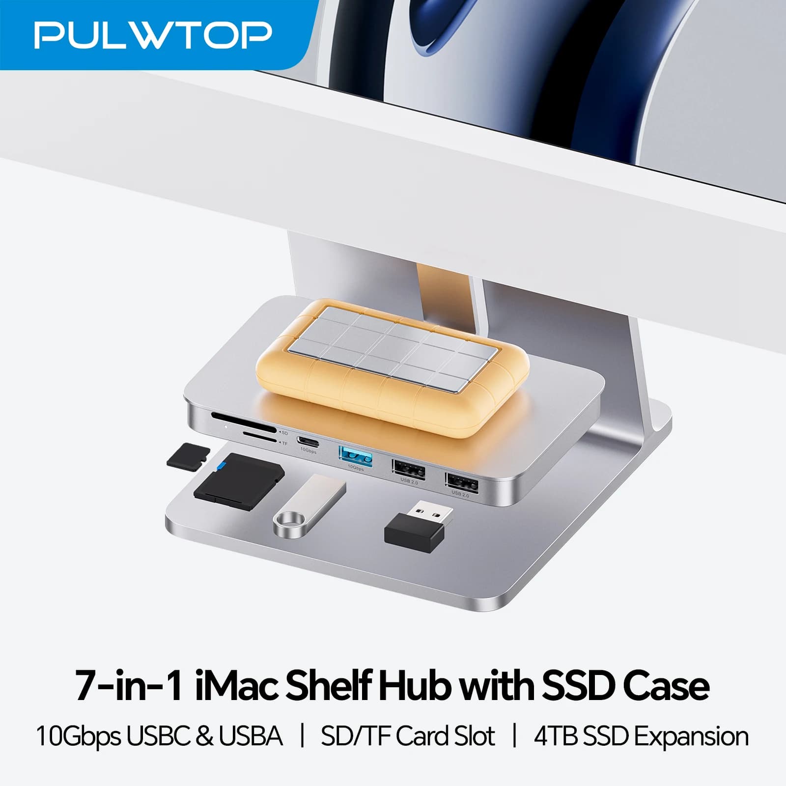 Hub iMac PULWTOP con custodia SSD M.2 NVMe, USB A/C 10 Gbps, SD/TF per iMac24 M1/M3/M4 o Display da studio da 27 pollici