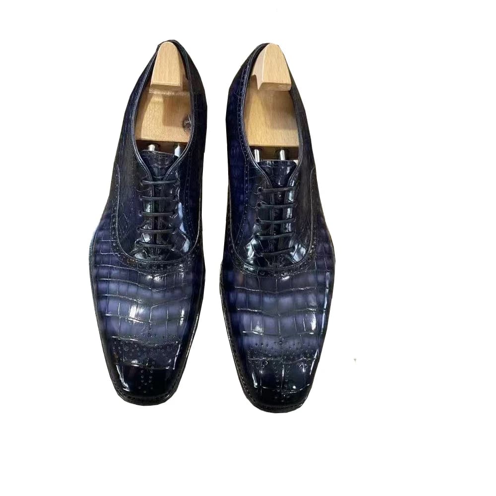 Nuove Scarpe Formali da Uomo in Pelle di Coccodrillo, Colore Spazzolato Blu, per Matrimoni, Ufficio e Affari