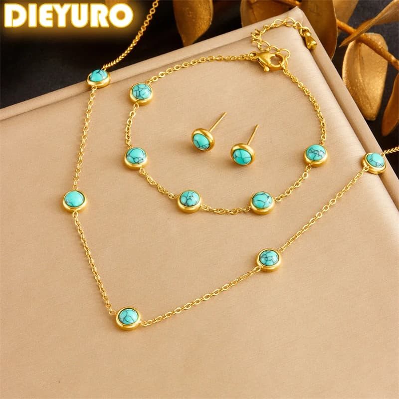 DIEYURO Acciaio Inossidabile 316L Rotondo Turchese Collana Bracciale Orecchini Vestito Per Le Donne 2024 Nuova TendenzaNon-sbiadimentoSet di gioielli