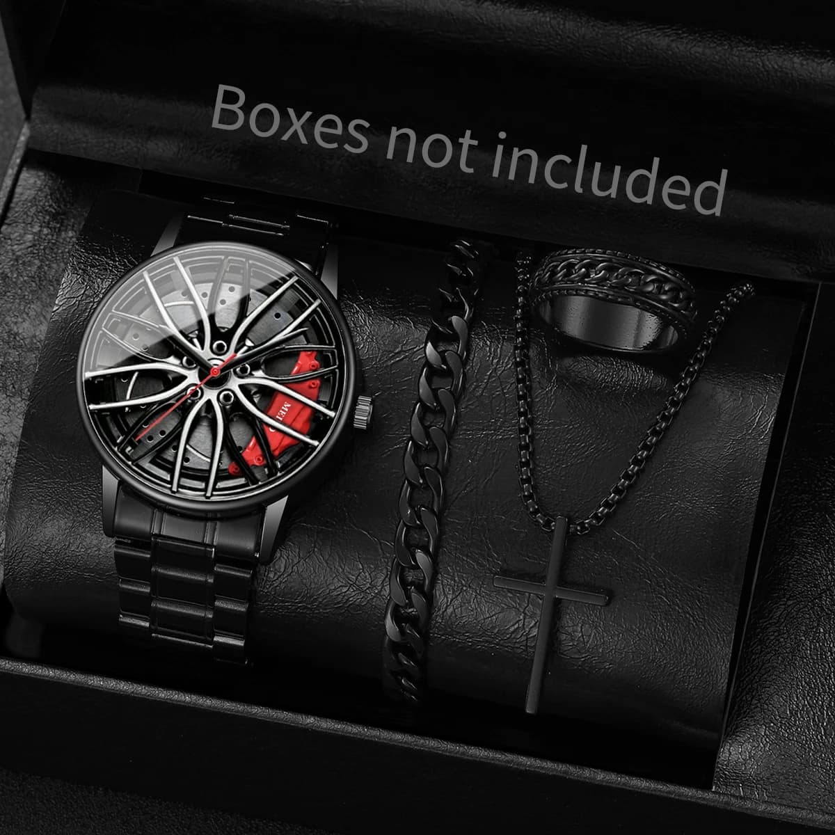 4 pz/set moda 3D quadrante ruota auto orologio sportivo da uomo cinturino in acciaio di lusso orologi da polso al quarzo set di gioielli Reloj Hombre (senza scatola)