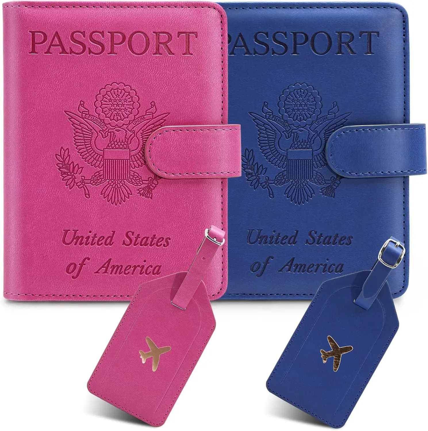Set di 2 Porta Passaporto con Protezione RFID e Copri Etichetta Bagaglio, Portafoglio in Pelle PU per Viaggi, Blu e Rosa