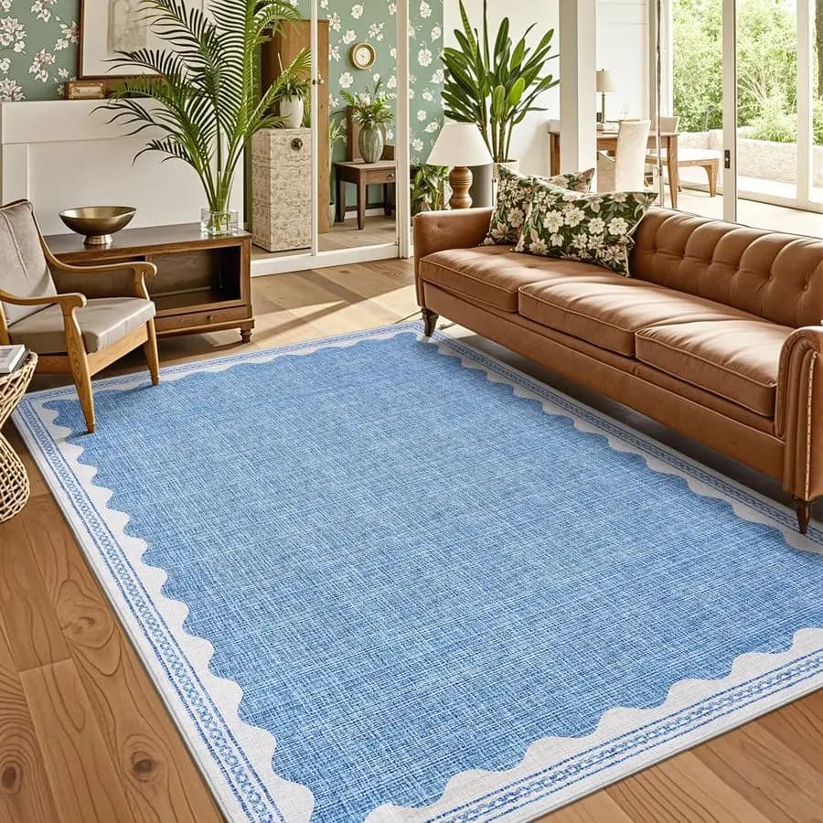 5x7 Rug for Living Room, Scalloped 5 X 7 Area Rugs Washable NonSlip Solid Blue Modern Minimalism LowPile Carpet for Bedroom Dini
