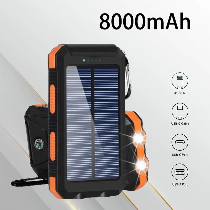 Power Bank Solare Portatile 8000mAh con Luce LED di Emergenza, Batteria Esterna per Viaggi, Campeggio e Ricarica d'Emergenza all'Aperto