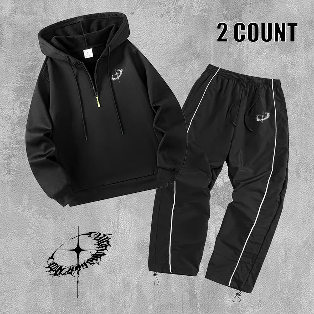 Men's Trendy Star Ring Print Fitness Training Two Piece Set Half Zip Hoodies With Drawstring Pants Autumn Casual Commute Outfit