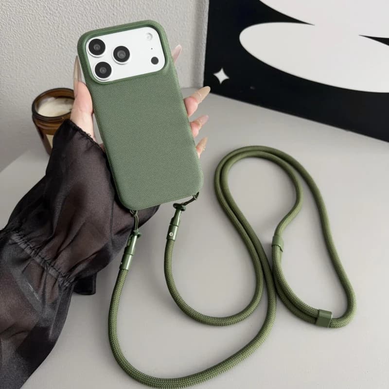 Custodia magnetica di lusso in tessuto tecnologico con tracolla regolabile per spalla e collo, adatta per iPhone 17, 16, 15, 14, 13 Pro.