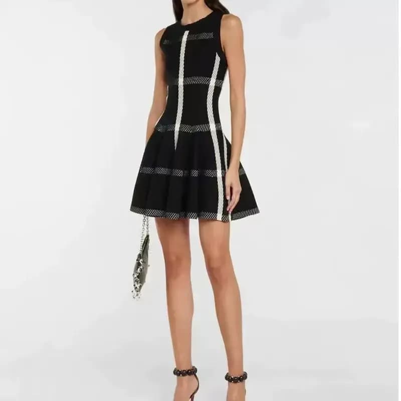 Classic Chic Black White Plaid Knit Fit and Flare Dress for Women Sleeveless Ruffled Hem Mini Dresses Party Elegant Sexy Lady