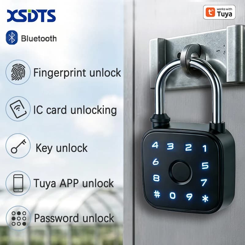 Tuya Smart Padlock, Fingerprint Card Password Key Tuya APP Unlock Waterproof Electronic Lock for Cabinet Suitcase Backpack Home