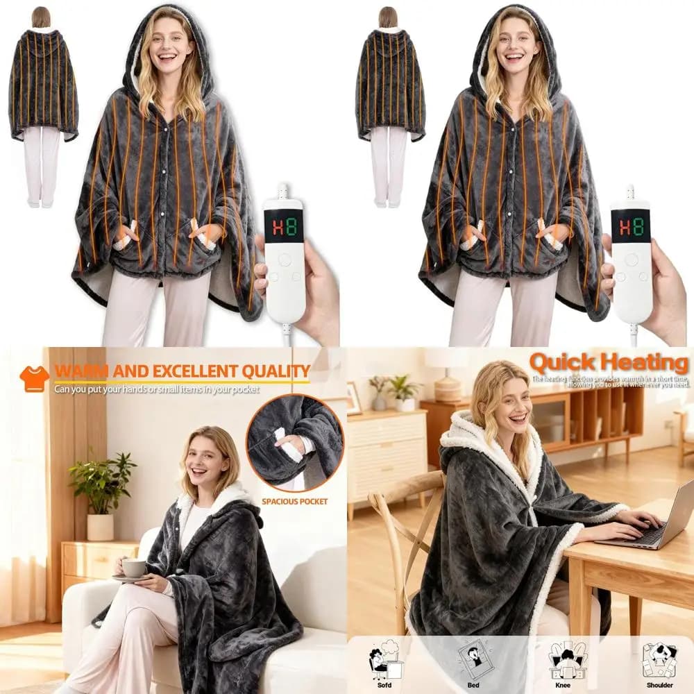 Coperta Elettrica Indossabile con 10 Livelli di Calore e 8 Impostazioni Timer, Poncho con Cappuccio per Adulti, 40x70