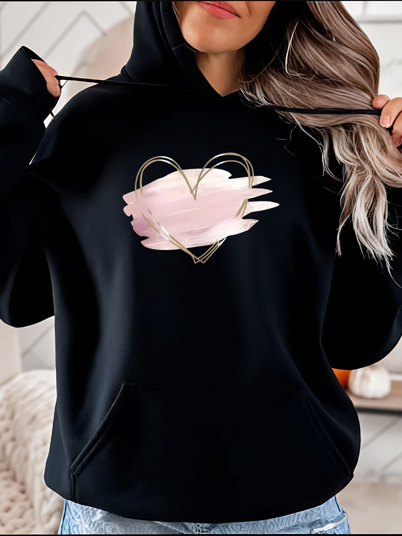 Women's black hoodie with pink heart print Casual pullover sweatshirt to wear everyday and Valentine's Day