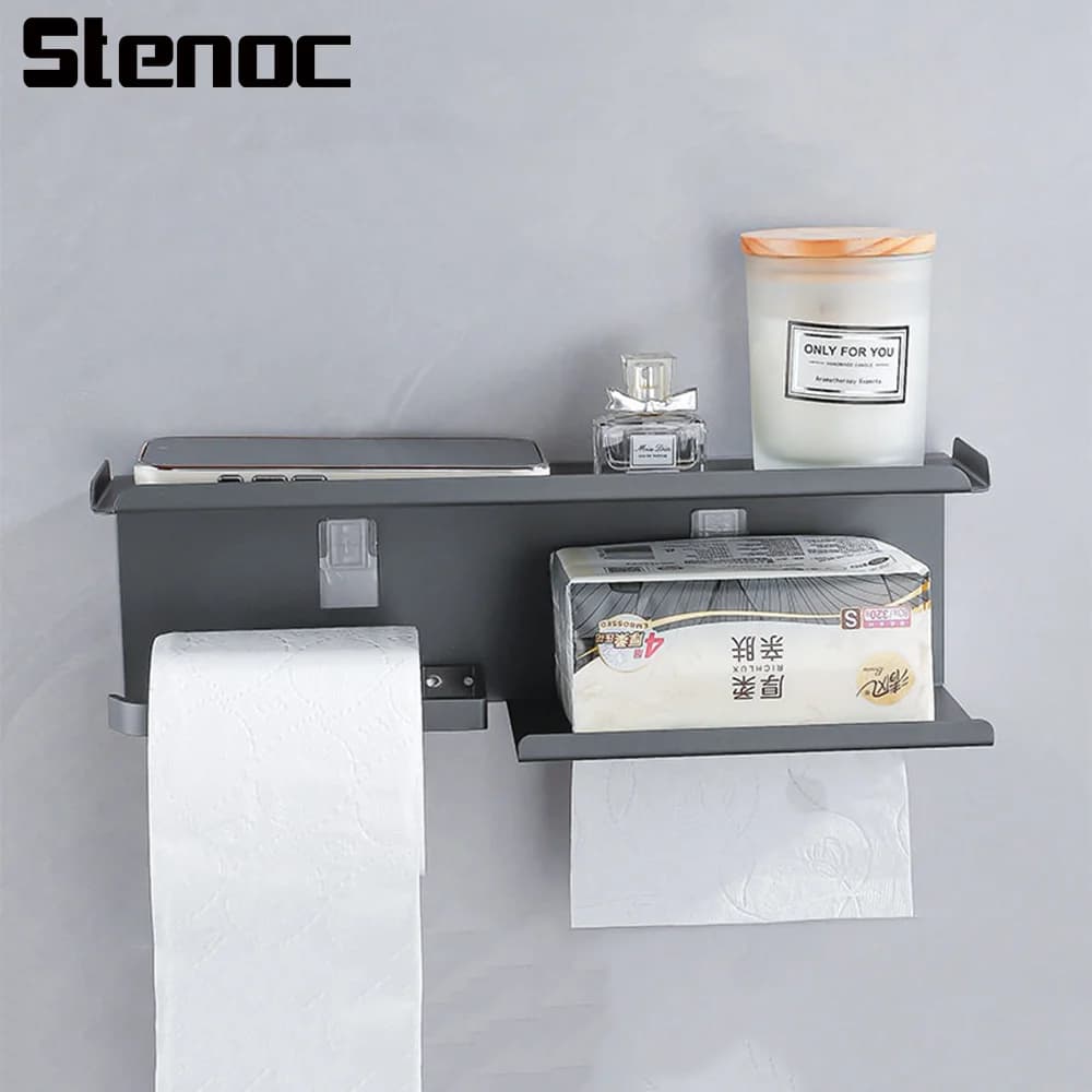 Portarotolo da parete senza foratura, porta cellulare e porta salviette, organizer multifunzione per bagno