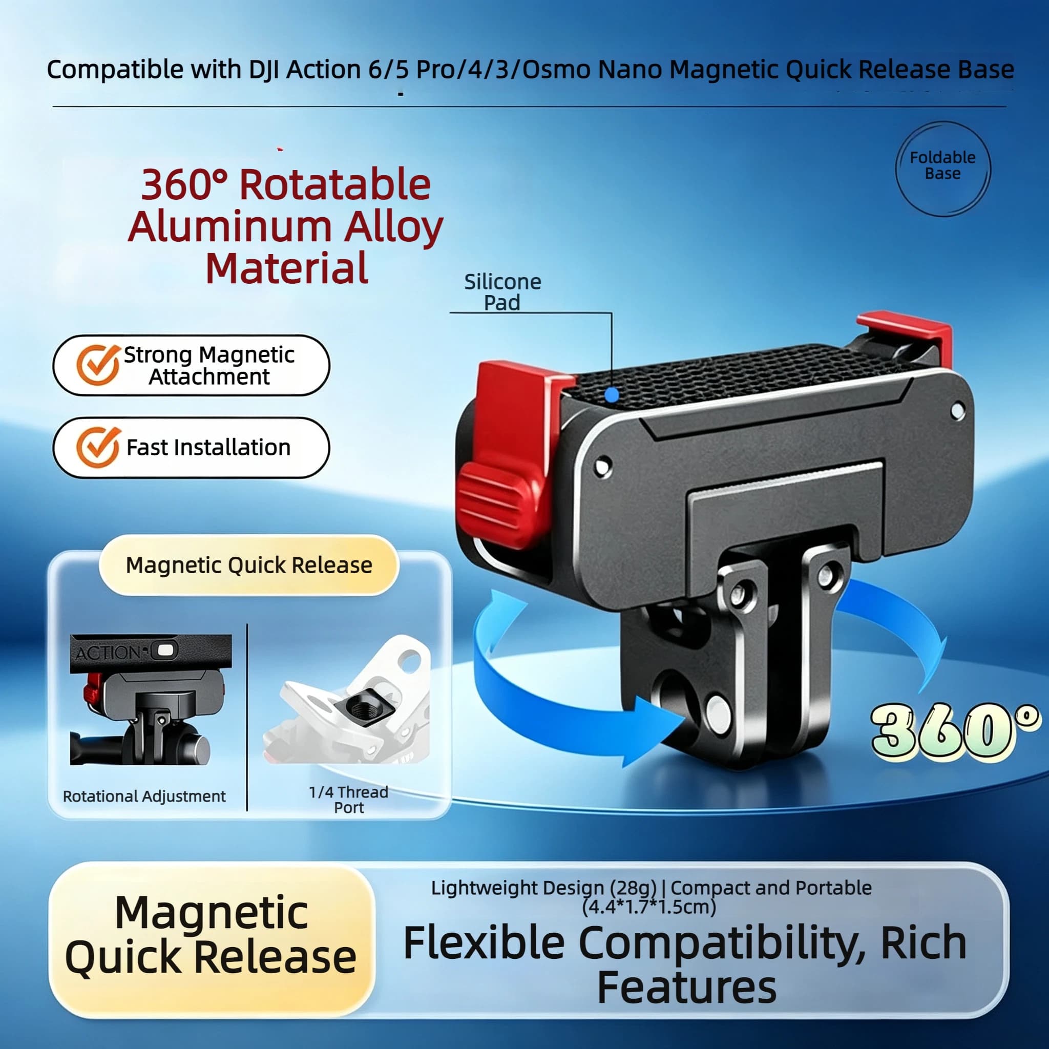 360 ° Adattatore Magnetico a Sgancio Rapido, Base di Montaggio Rotante a 2 Punte per DJI Osmo Action 3/4/5/Pro/6/nano - Accessorio Universale per Fotocamera