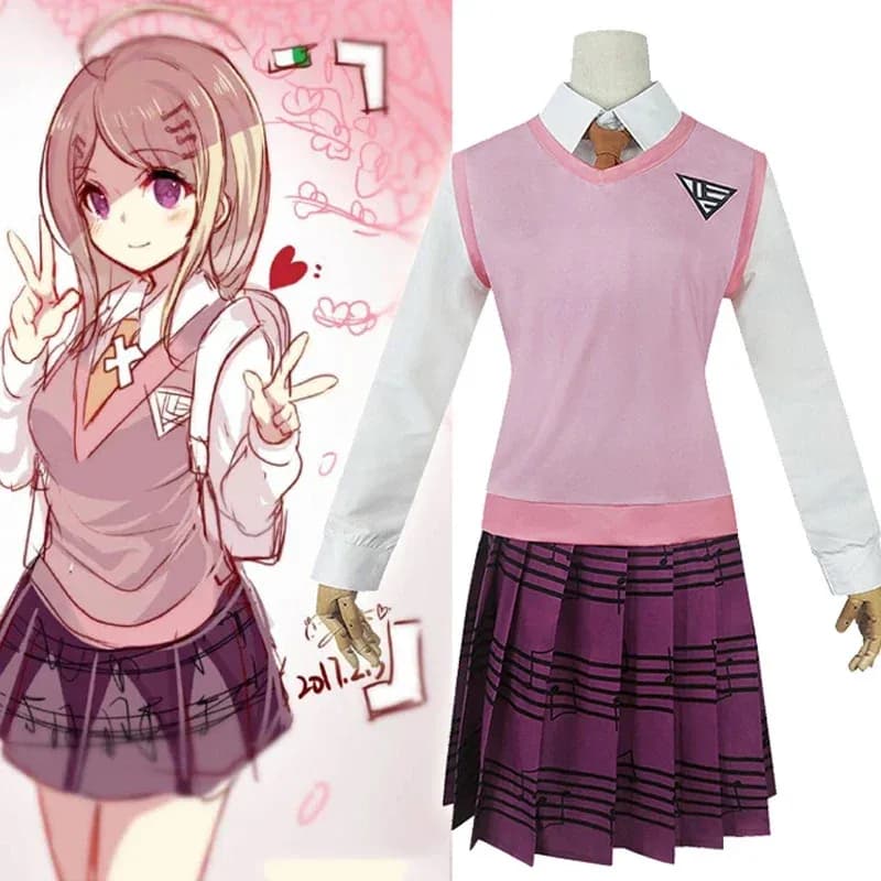 Nuovo costume cosplay Danganronpa V3 Akamatsu kaede Scarpe anime da donna Camicia Gilet / gonna / calzini / Parrucche Uniforme scolastica JK