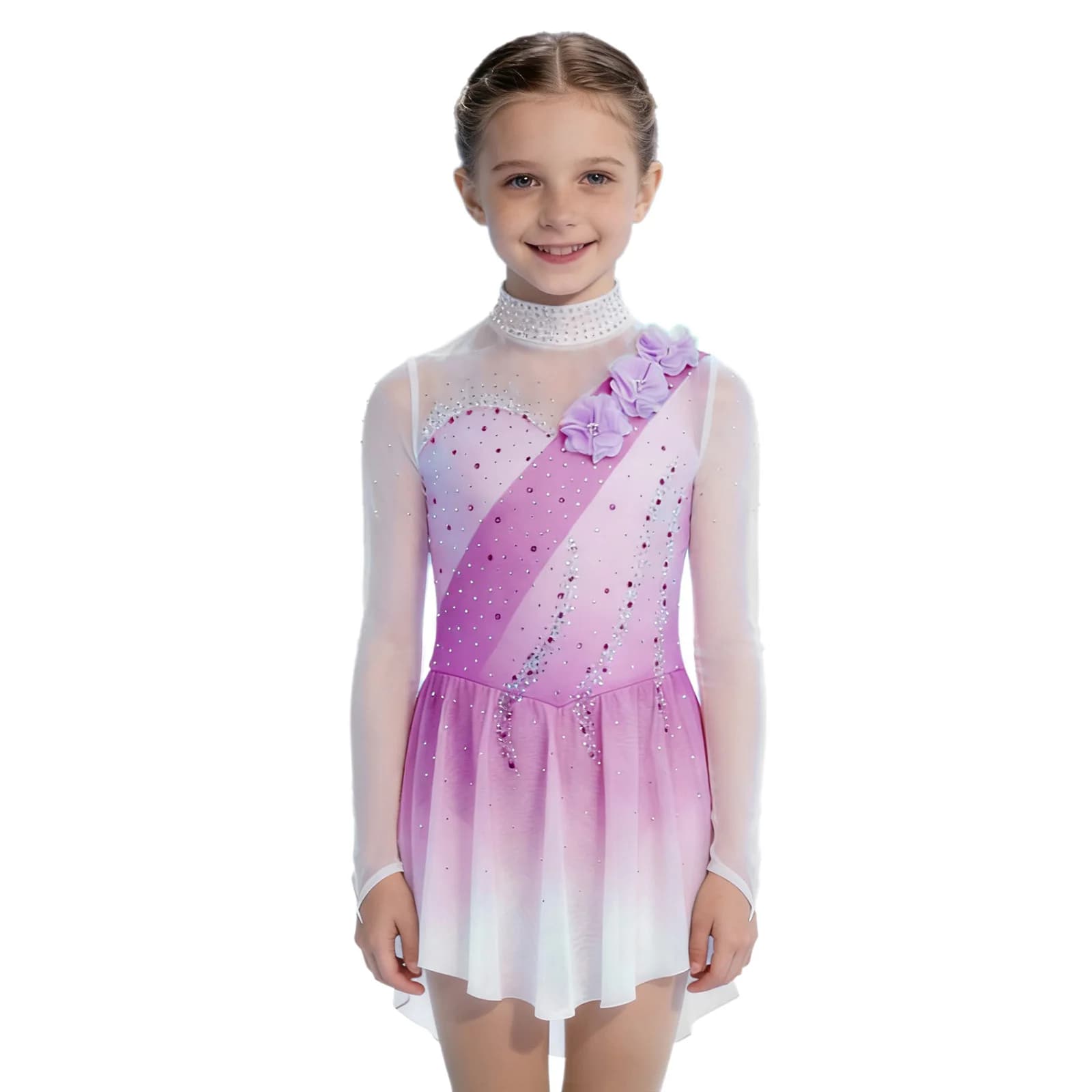 Kids Girls Lyrical Figure Skating Gymnastics Performance Costume Sheer Mesh Long Sleeves 3D Flowers Rhinestones Dance Dress