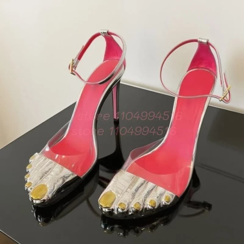 Sandali a spillo patchwork dorati con cinque dita Sandali da donna con punta a punta Sandali con cinturino alla caviglia con tacco Scarpe eleganti da festa sexy da donna