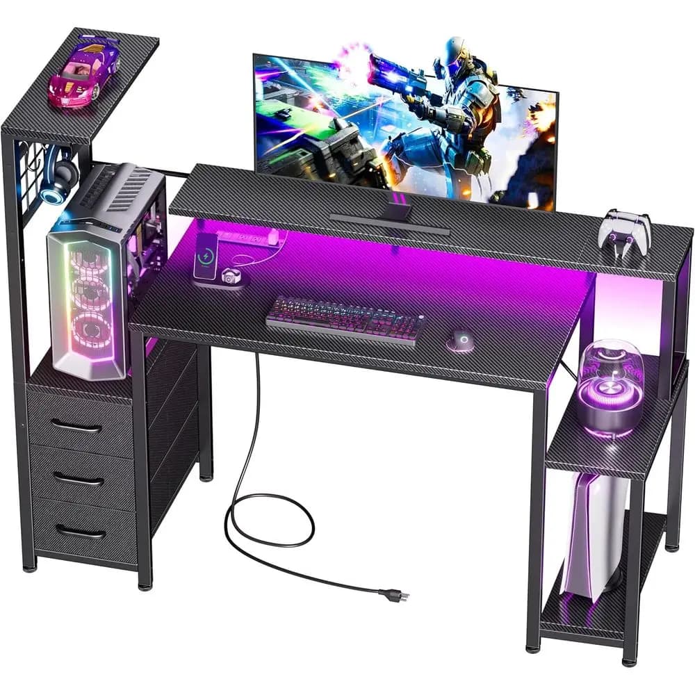 Scrivania da Gaming con 48 LED, Cassetti in Tessuto, Prese di Corrente e Supporto Monitor per Ufficio Domestico o Sala Giochi