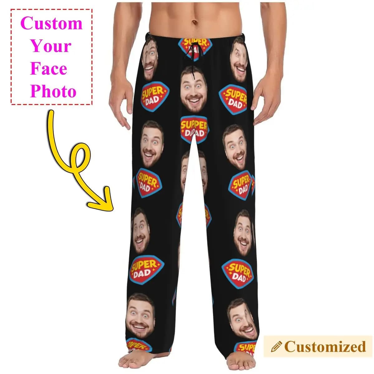 Pantaloni pigiama personalizzati Super Dad per uomo Pantaloni da notte per il sonno con design personalizzato per foto del viso con tasche