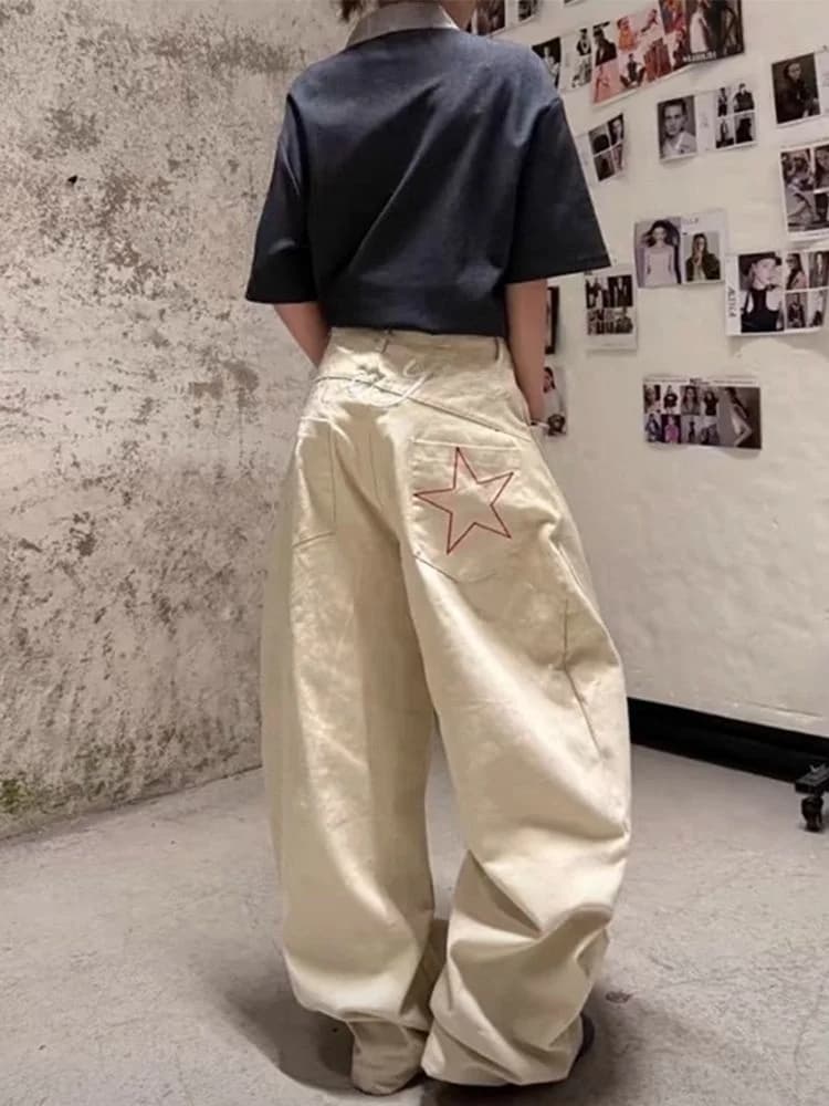 American Retro Star Letter Embroidery Wide Leg Jeans Women's Loose Slimming Straight Cut Floor-Length Pants High Waist Denim