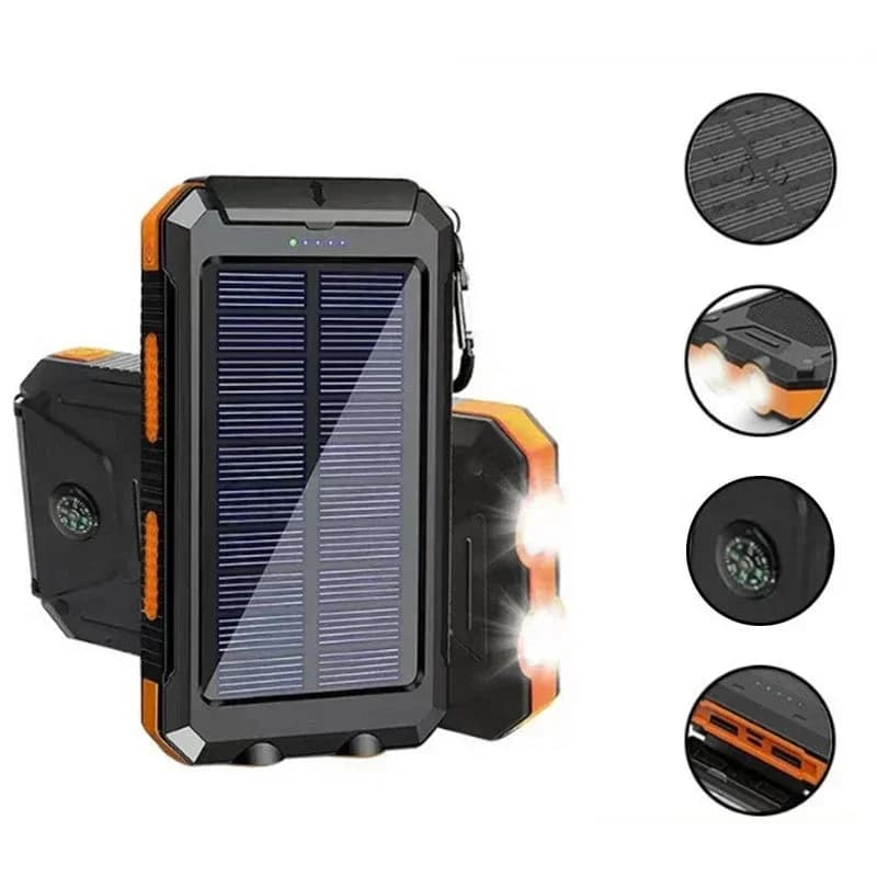 Power Bank con ricarica solare da 10000 mAh, doppia porta di uscita USB e tipo C Multicaricatore Power Bank con torcia elettrica e bussola