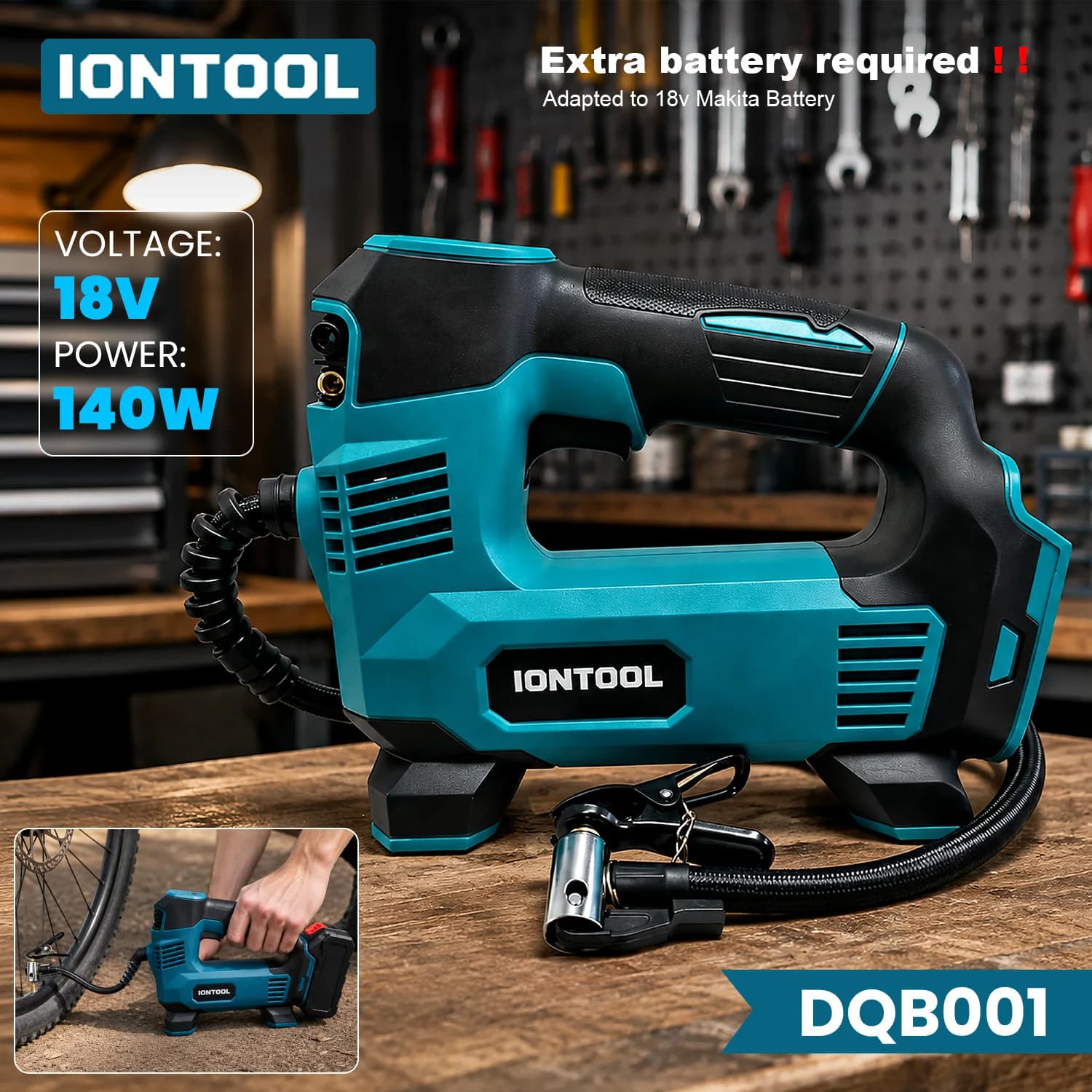 IONTOOL Cordless Tire Inflator 140W For Car Bike Tire Ball Air Mattress Fast Inflation Portable Tool For Makita 18V Battery