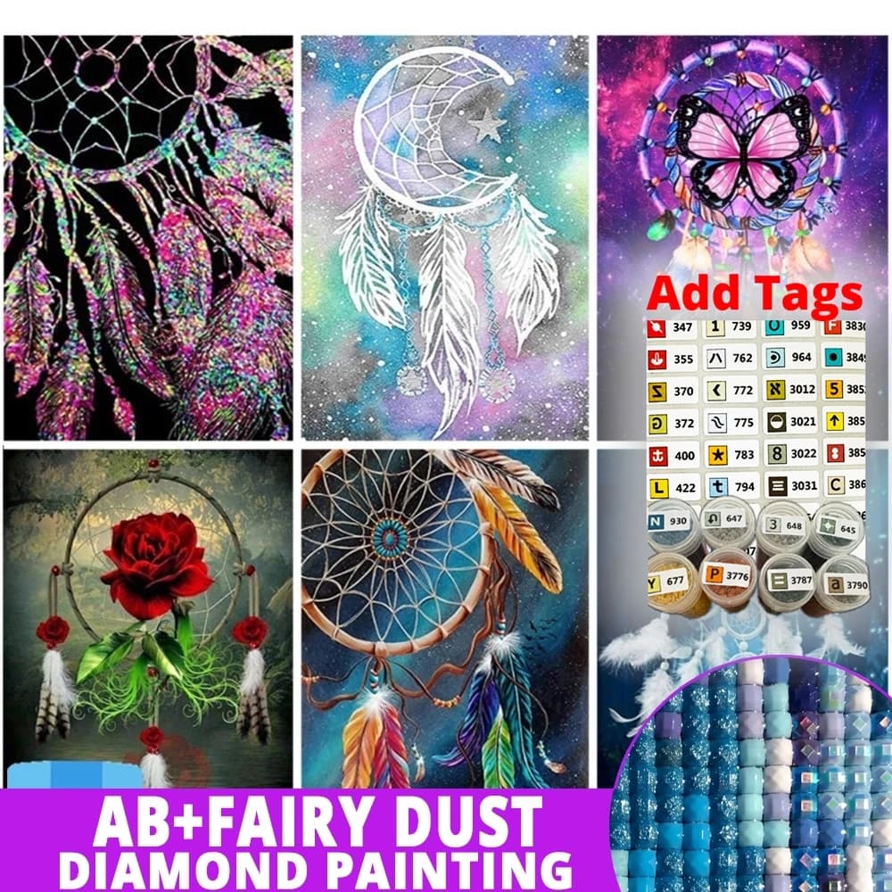 With Symbol Sticker AB Fairy Dust Embroidery Dream Catcher Colorful Butterfly Feathers Diamond Painting 5D Full Drill Kit Pictur