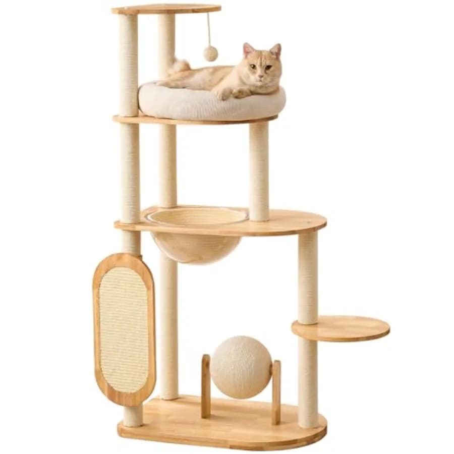Albero per Gatti Moderno con Tiragraffi in Legno Massello di Gomma, Torre Tiragraffi per Gatti da Interno con Nido in Cotone e Capsula Spaziale