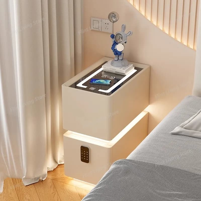 Furniture Tri Color Light Wireless Nightstands Charging USB Charging Bluetooth Dual Speaker Password Lock Storage Drawers
