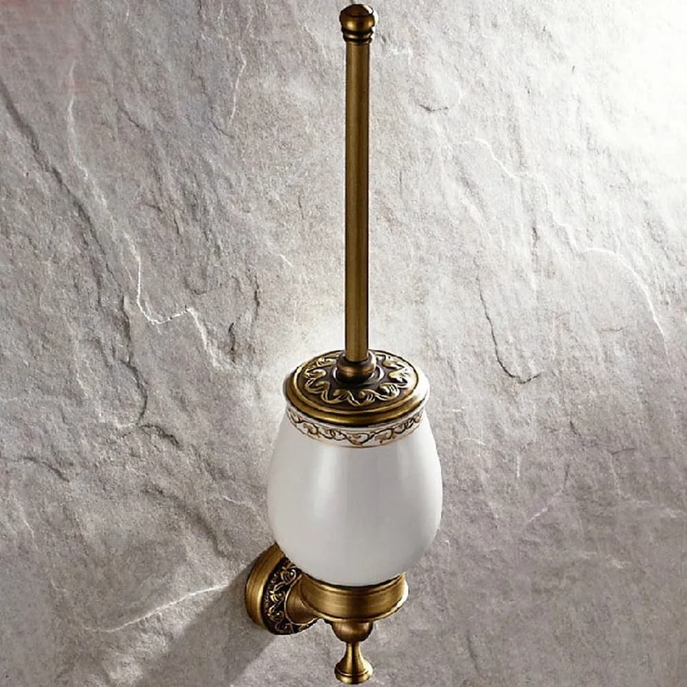 Set scopino e supporto per WC a parete in ottone antico, accessorio per il bagno con tazza in ceramica bianca, aba490