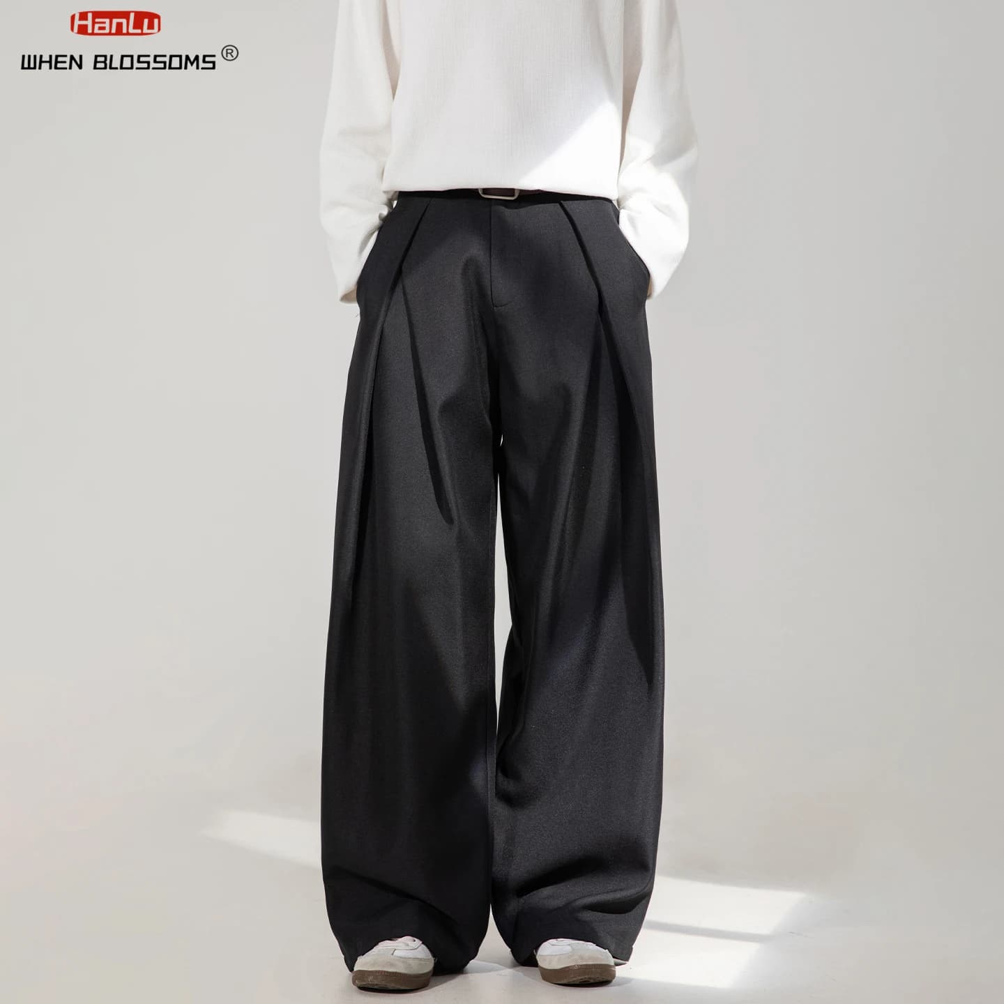 HANGLU 2025 Men's Cross Pleated Trousers Drape Relaxed Fit Straight Leg Vintage Streetwear Casual Office Pants
