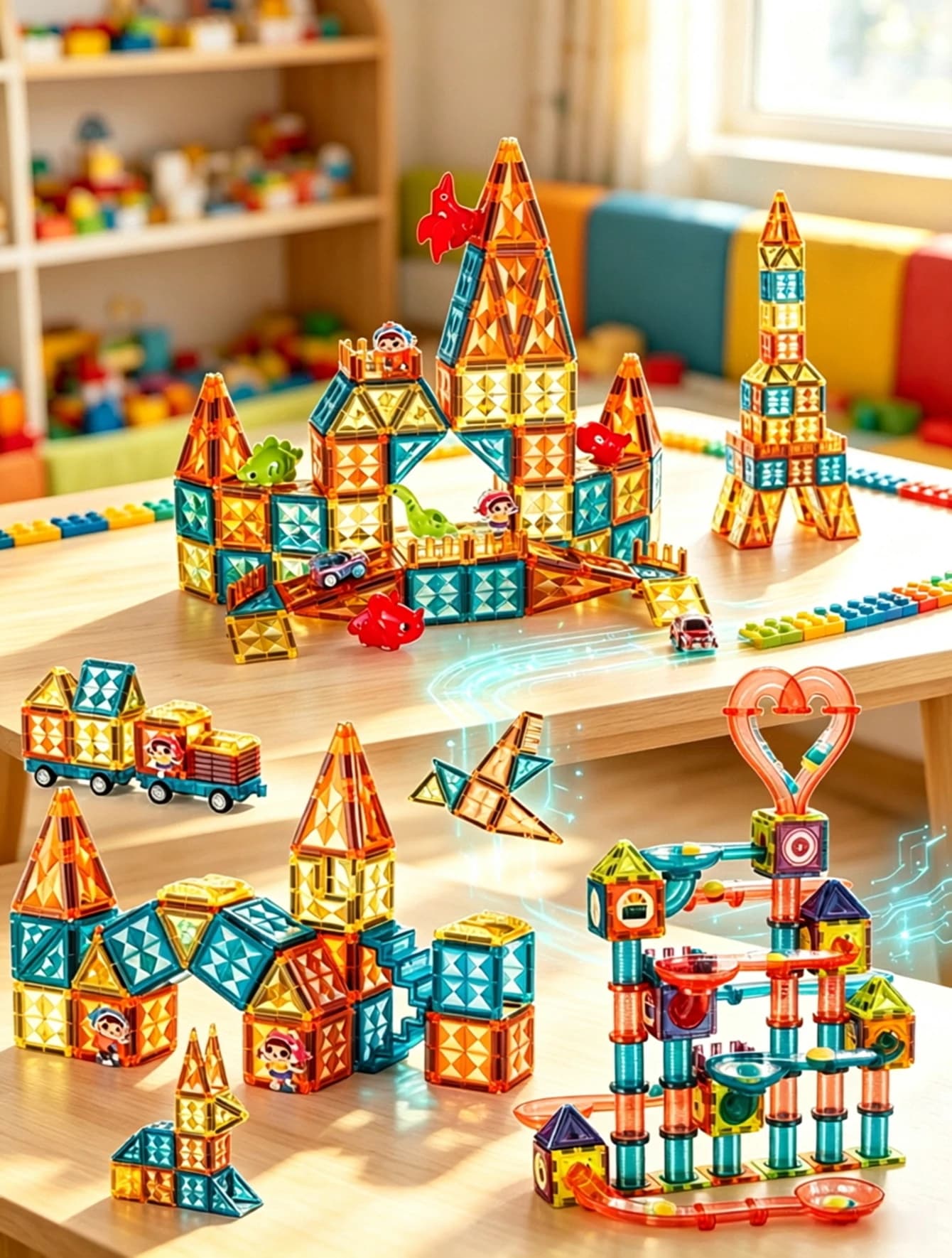Magnetic Clear Magnetic Tiles Building Blocks Construction Toys 3D Castle Puzzle Birthday Christmas Gift for 3+ Age