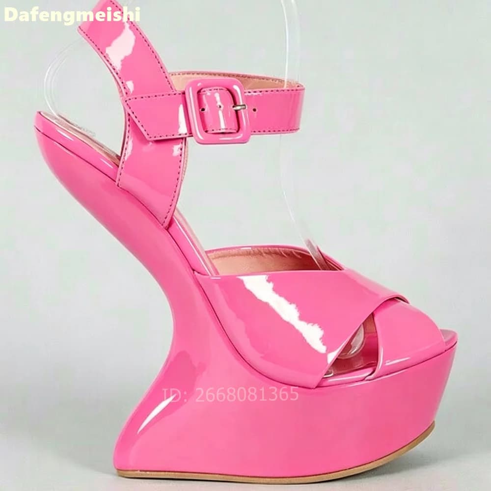 Rosered Patent Leather Fashion High Heels Slingback Cross Strap Solid Color Summer Sandals Strange Style Heel Women Novelty Shoe