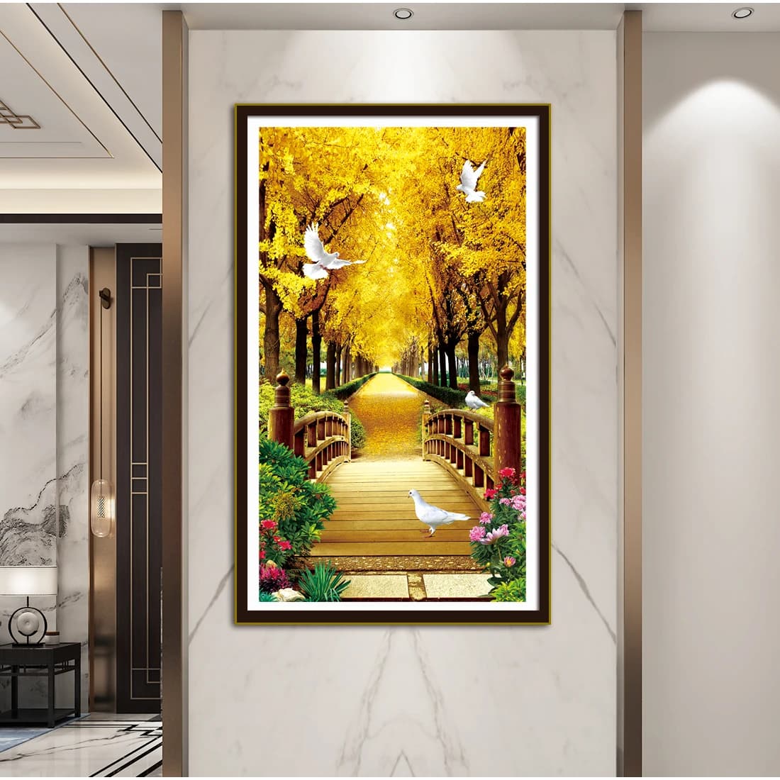 Printed Cross Stitch Set Handmade DIY Easy Embroidery Small Bridge in The Forest Landscape Pattern Living Room Hanging Painting