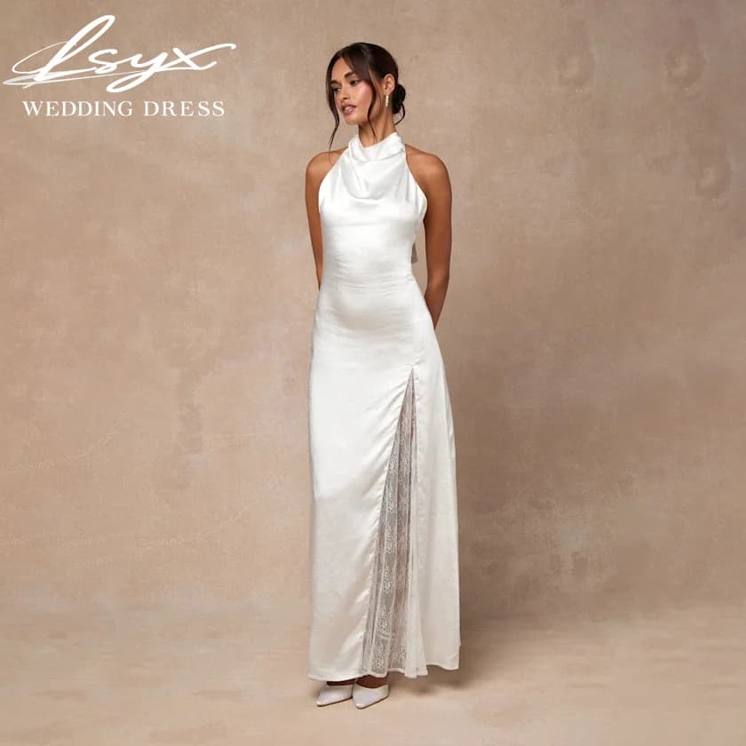 LSYX Elegante Abito da Sposa Lungo in Raso con Scollo all'Americana e Schiena Scoperta, con Fiocco Posteriore, Spacco in Pizzo, Senza Maniche, Vestito da Sposa Personalizzabile