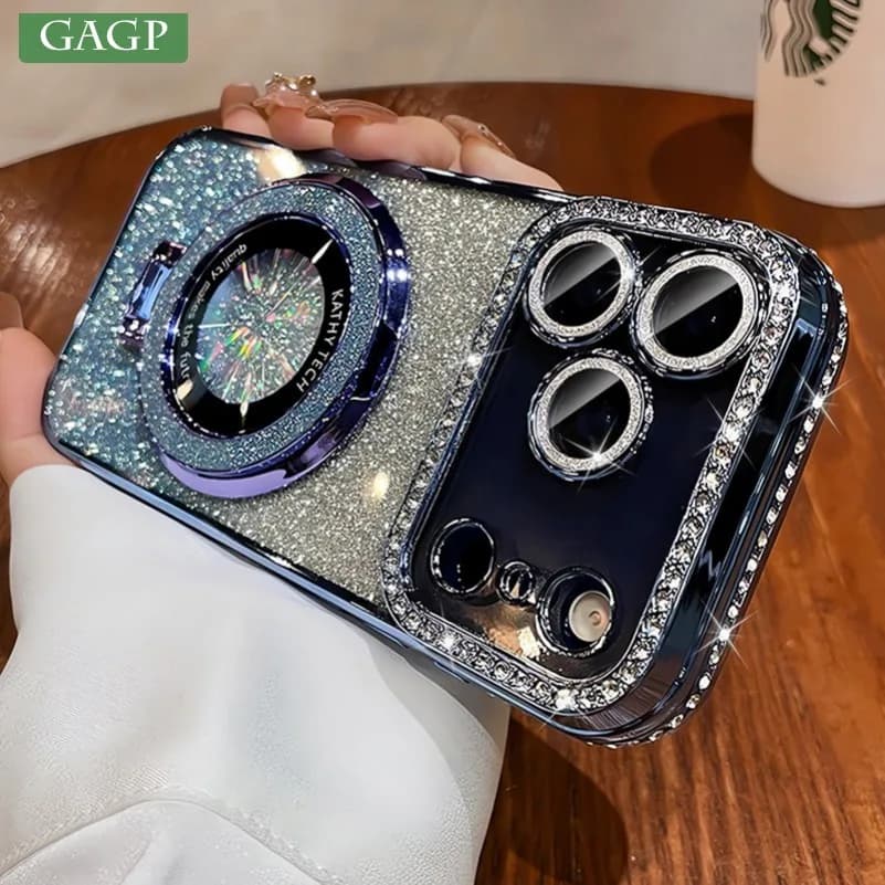 Glitter per Custodia con Supporto MagSafe per iPhone 17 16 15 11 12 14 13 Pro Max, Cover Morbida Placcata con Diamanti Bling per iPhone 17 Air