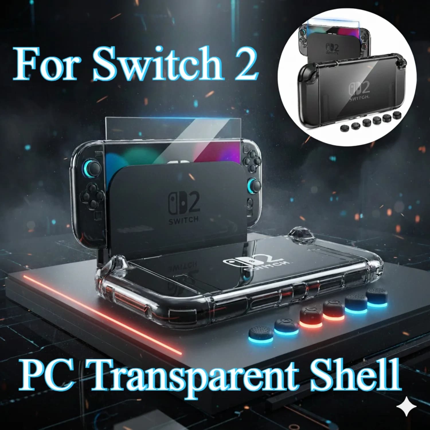 Guscio trasparente per PC da 1 pezzo per custodia Switch 2, custodia Switch 2 con protezione per schermo HD 4K, copertura protettiva per PC e 6 impugnature per pollice