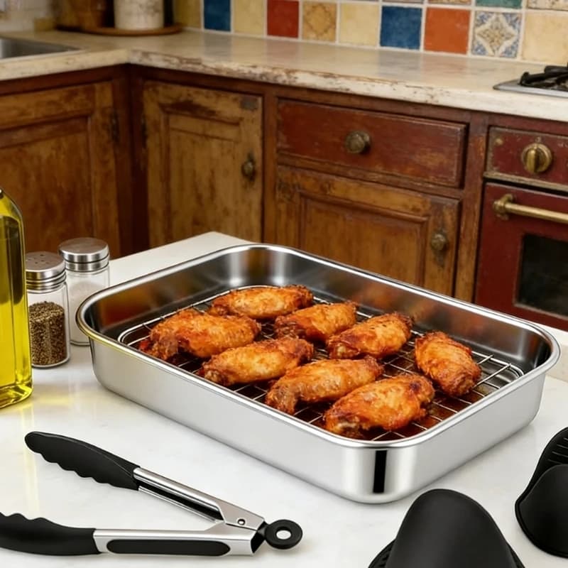F26C Casserole Dish Stainless Steel for Airfryer Accessories with Baking Bowl Grill Grate and Silicone Gloves Dishwasher Safe