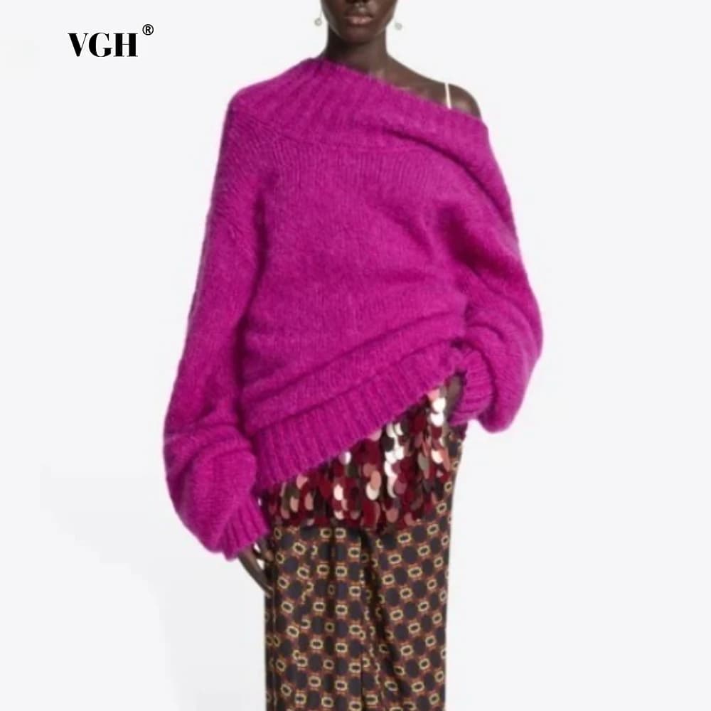 VGH Bright Color Fashionable Sweater for Women Diagonal Collar Off One Shoulder Long Sleeve Loose Casual Pullovers Female Autumn