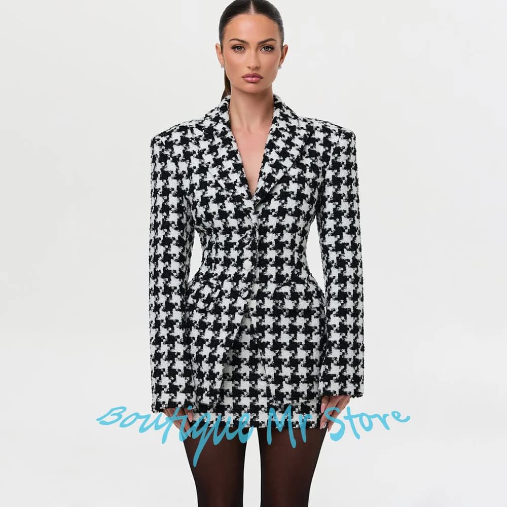 Luxury Women’s Houndstooth Blazer & Mini Skirt Set Single-breasted Two Piece Suit for Retro Formal Party Streetwear