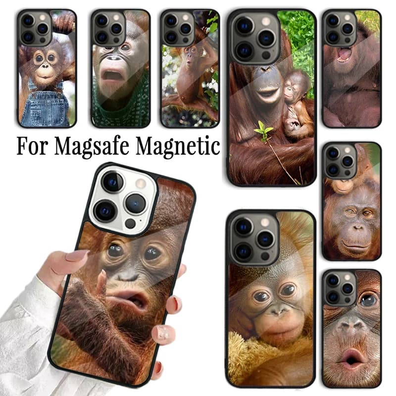 Custodia per telefono con simpatico orangutan bambino per iPhone 17 16 15 14 13 12 11 Pro Max Plus, magnetica per Magsafe