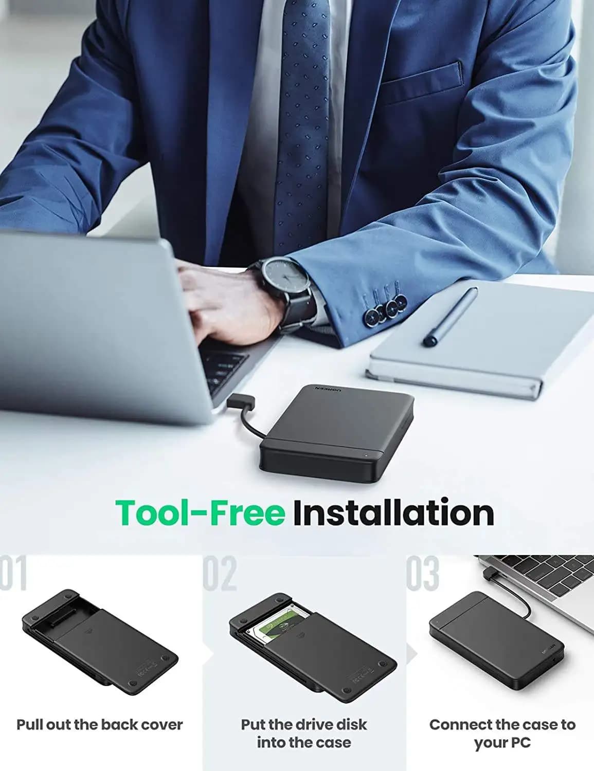 UGREEN USB C Hard Drive Enclosure USB 3.1 Gen 1 to SATA III 5Gbps for 2.5 Inch SSD & HDD 9.5mm 7mm External Hard Drive Case