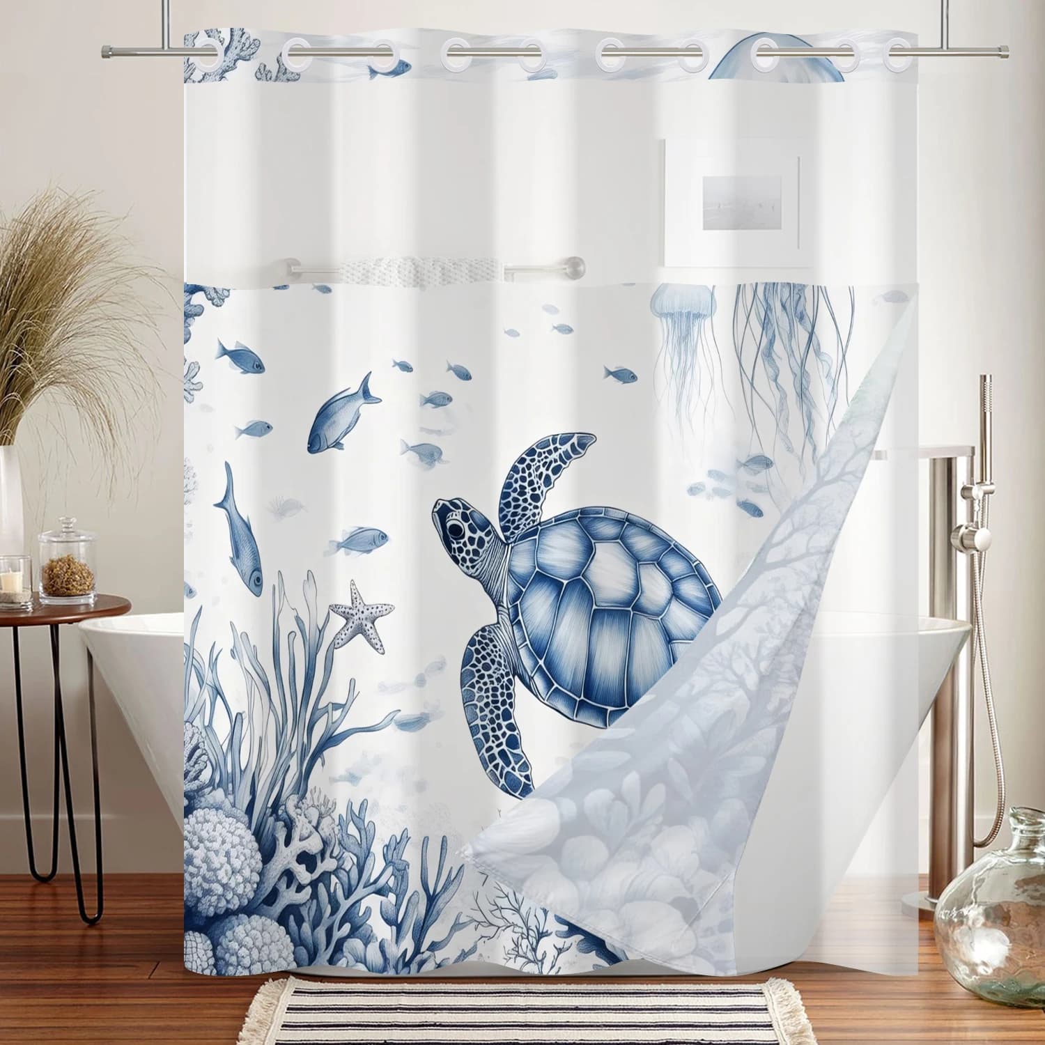 Tenda da doccia impermeabile a doppio strato con stampa di tartarughe marine e pesci, facile da installare, con rivestimento integrato, decorazione per il bagno a tema oceano