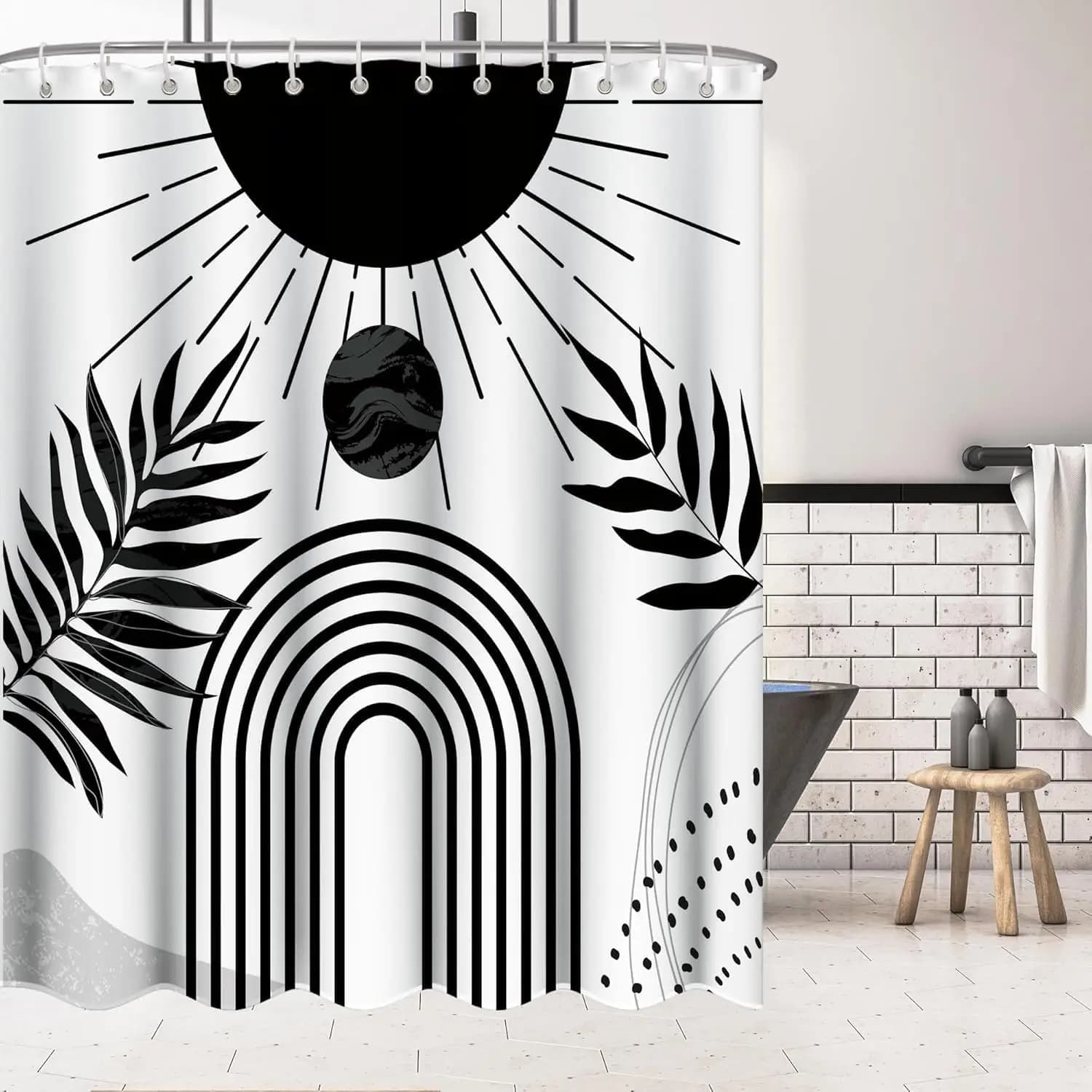 Set tenda da doccia Boho, design Arca Sun, motivo minimalista foglie, tessuto impermeabile-12 ganci (bianco e nero, 72x84)
