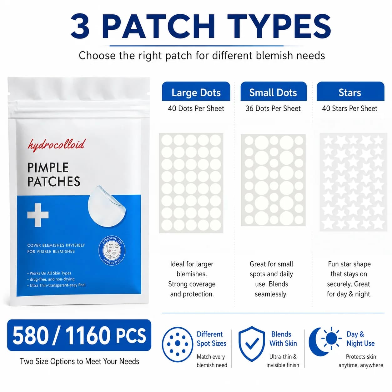 580/1160 Pcs Hydrocolloid Pimple Patches - Invisible, Ultra-Thin Spot Cover, Day & Night Acne Protection